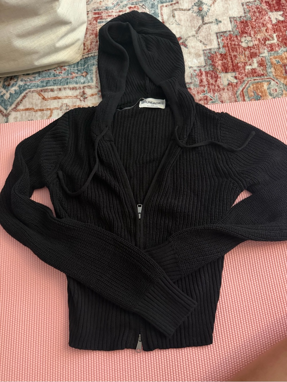 Black Knit Zip-Front Hoodie Sweater